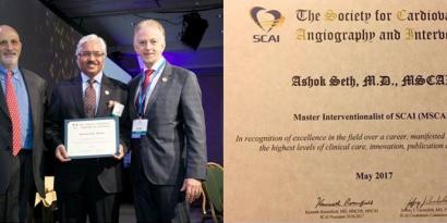 Dr Ashok Seth receiving the "Master Interventionalist" award by Dr Kenneth Rosenfield (Immediate Past President, SCAI) and Dr Kirk N. Garratt (President, SCAI) - 2017